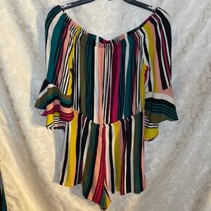 Express bright off the shoulder striped romper flair sleeve 100% rayon M med